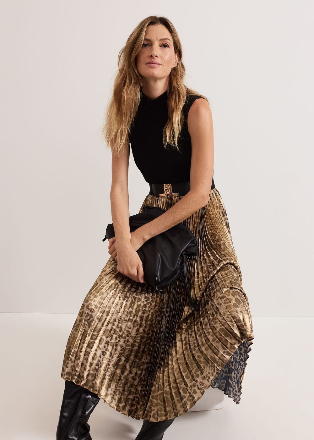 Meloni Jersey Leopard Pleat Midi Dress - Black Multi