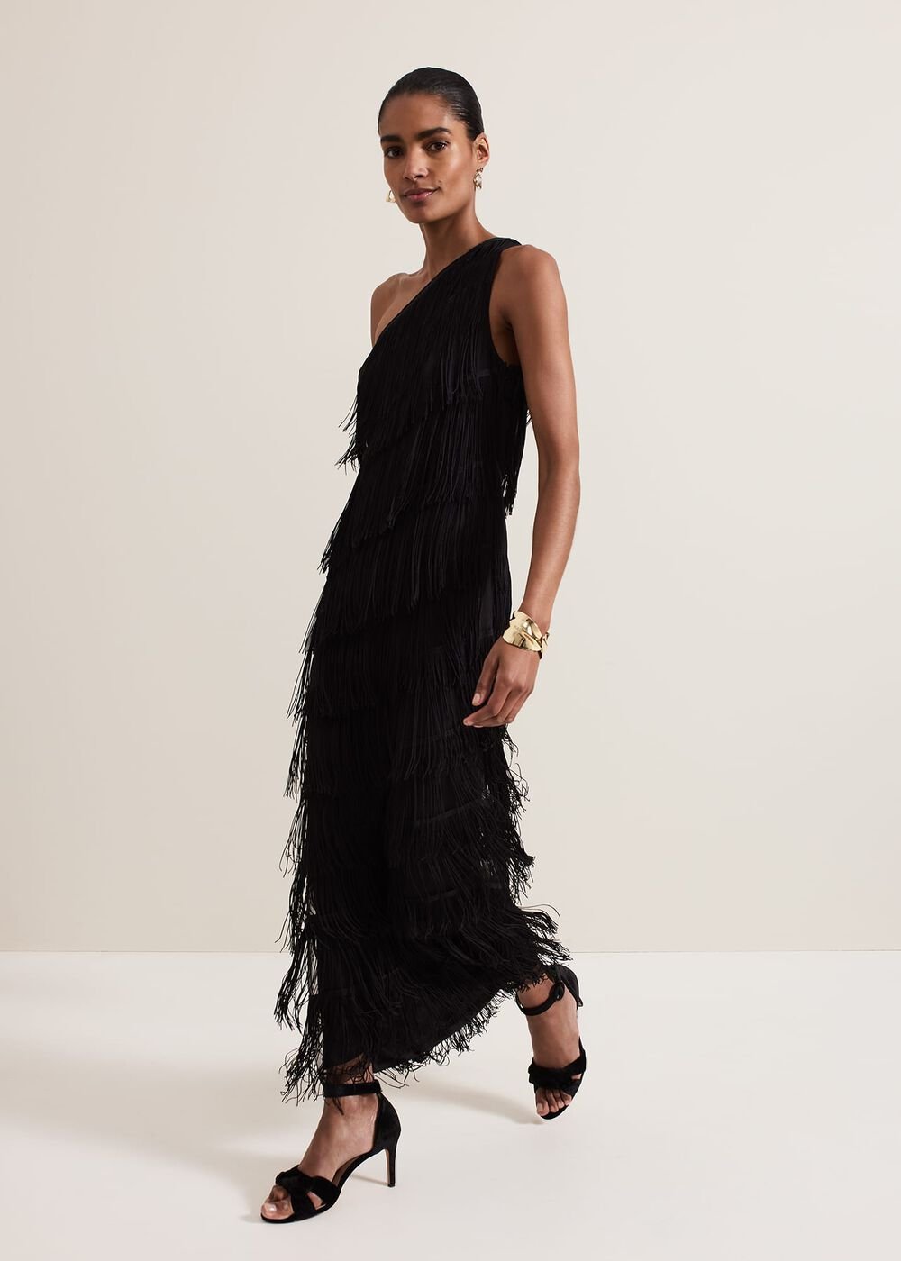 Otto One Shoulder Fringe Maxi Dress - Black