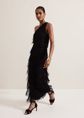 Otto One Shoulder Fringe Maxi Dress - Black