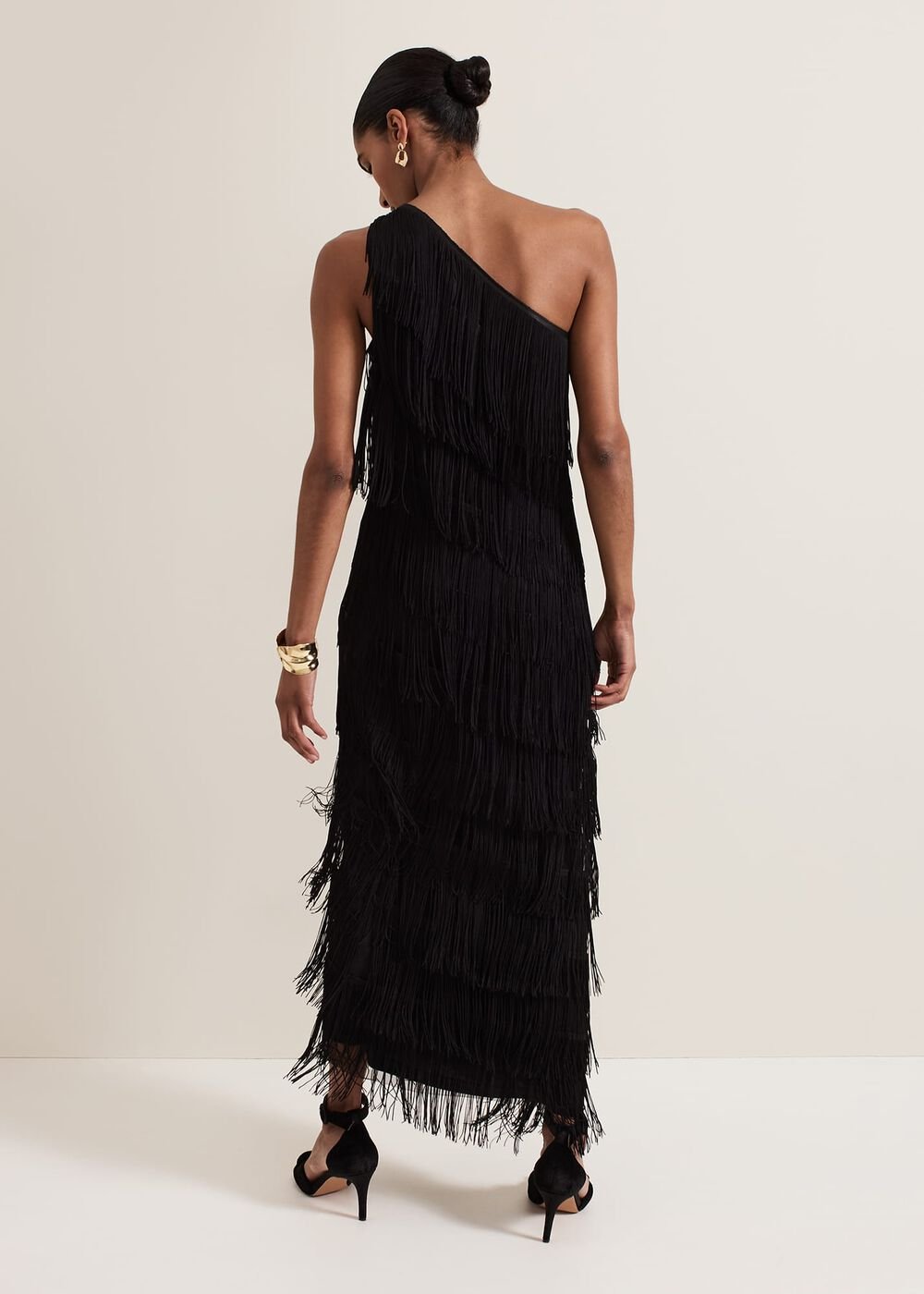 Otto One Shoulder Fringe Maxi Dress - Black