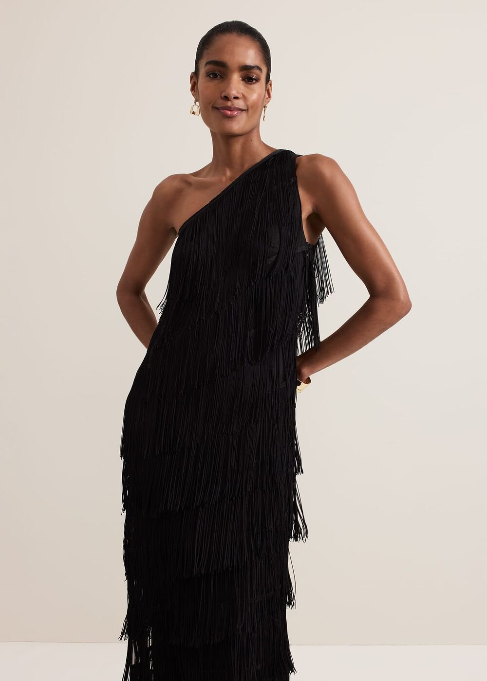 Otto One Shoulder Fringe Maxi Dress - Black