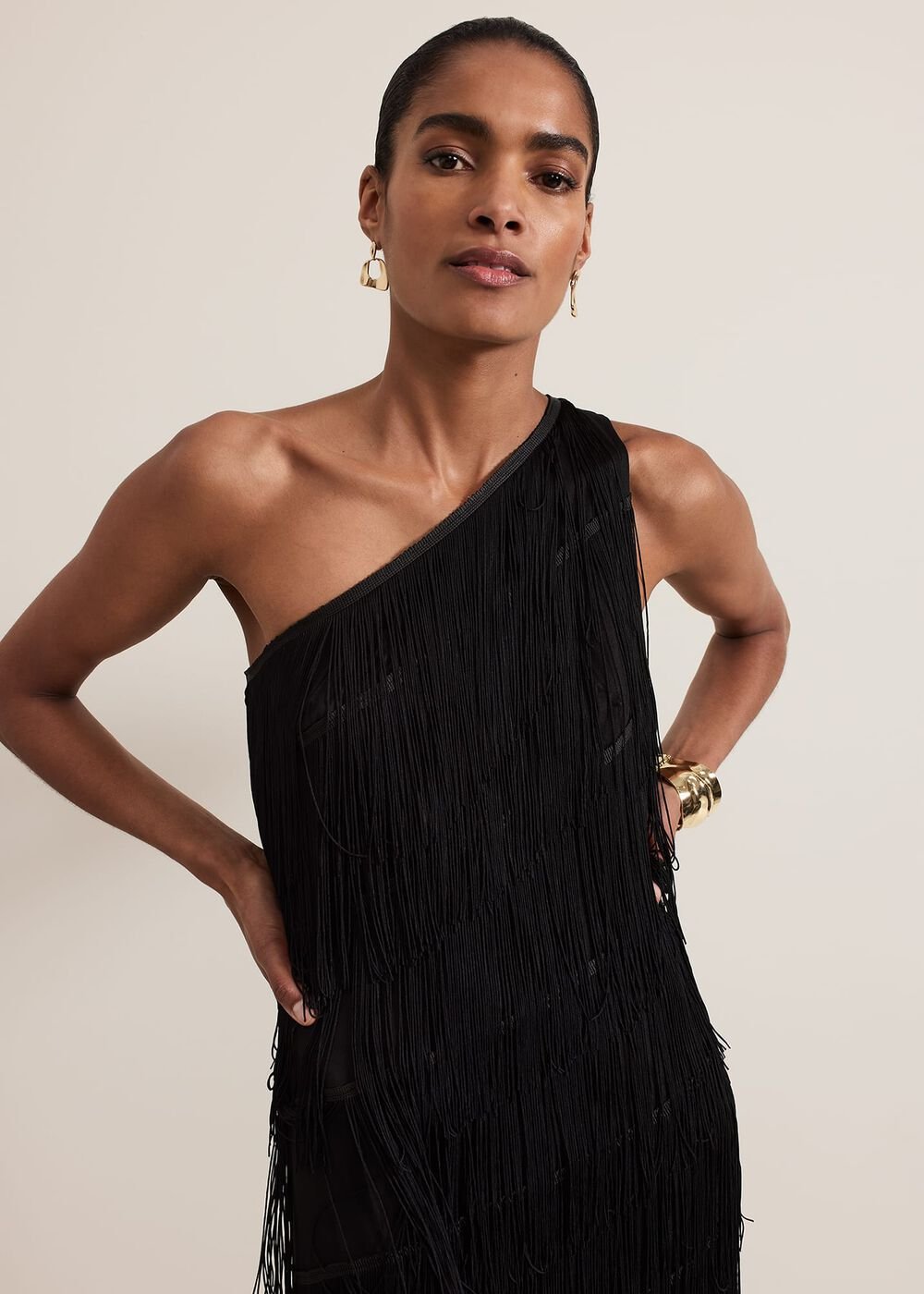 Otto One Shoulder Fringe Maxi Dress - Black