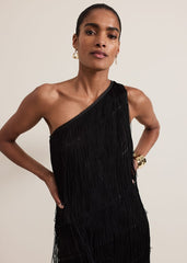 Otto One Shoulder Fringe Maxi Dress - Black