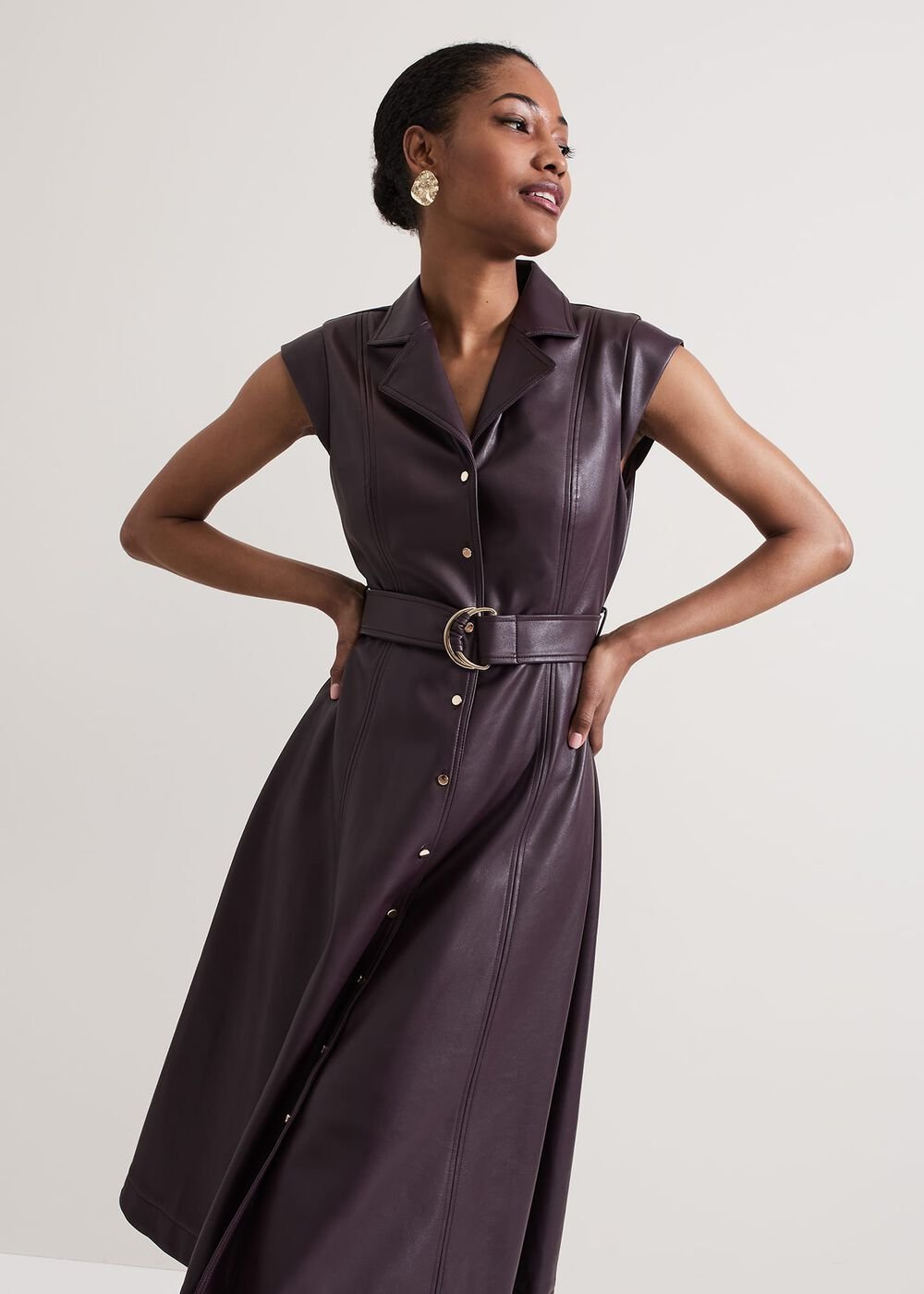 Ellie Burgundy Faux Leather Shirt Dress - Burgundy