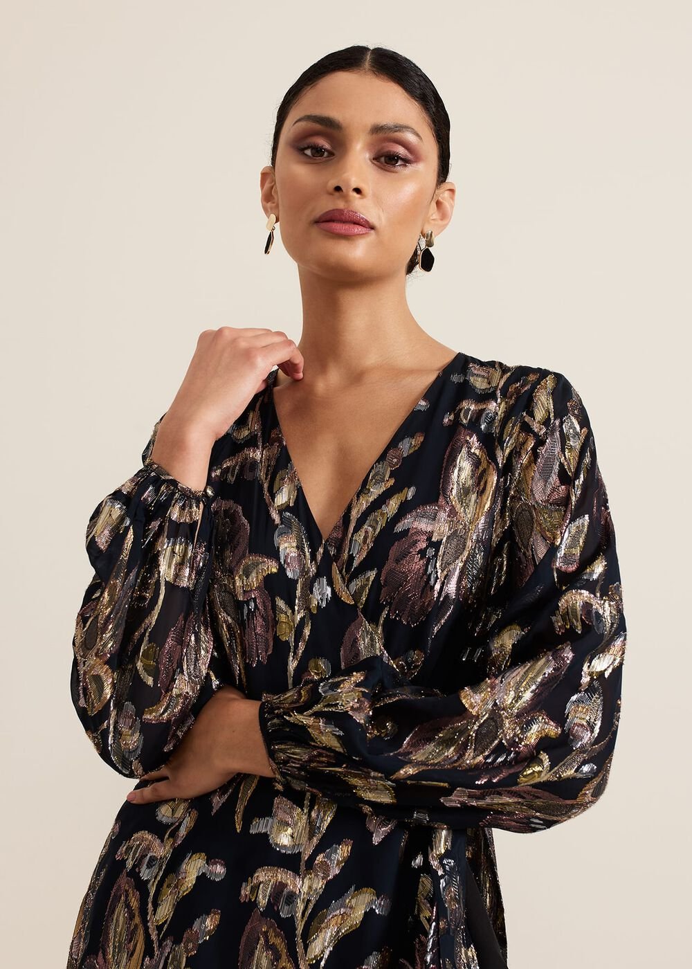 Amelia Navy Foil Wrap Dress - Navy
