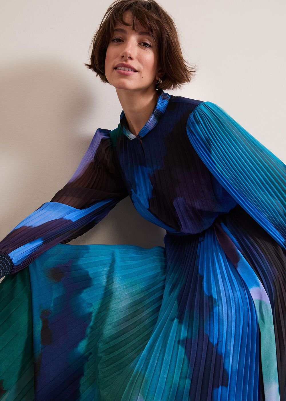 Women's Bright Blue Pleated Midi Dress - Multi-Coloured