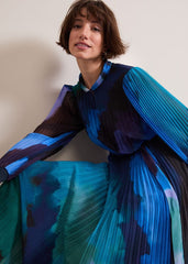 Women's Bright Blue Pleated Midi Dress - Multi-Coloured