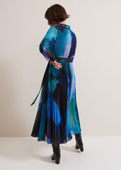 Women's Bright Blue Pleated Midi Dress - Multi-Coloured