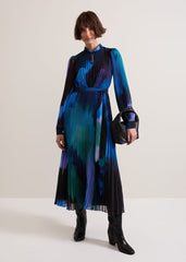 Women's Bright Blue Pleated Midi Dress - Multi-Coloured