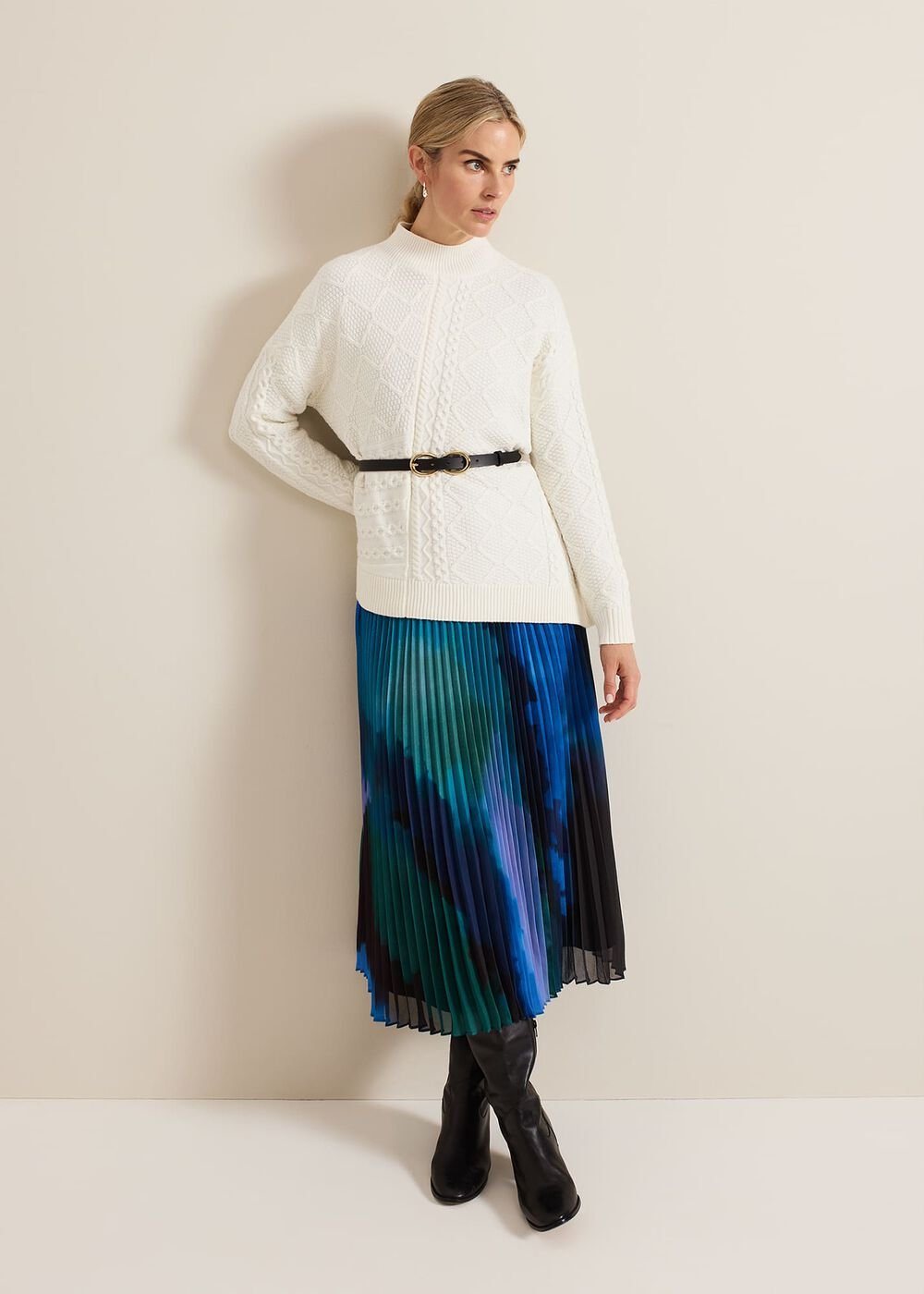 Women's Bright Blue Pleated Midi Dress - Multi-Coloured
