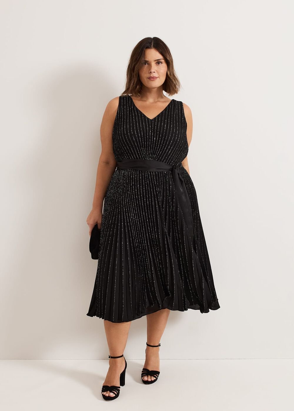Keleche Glitter Pleat Dress - Black