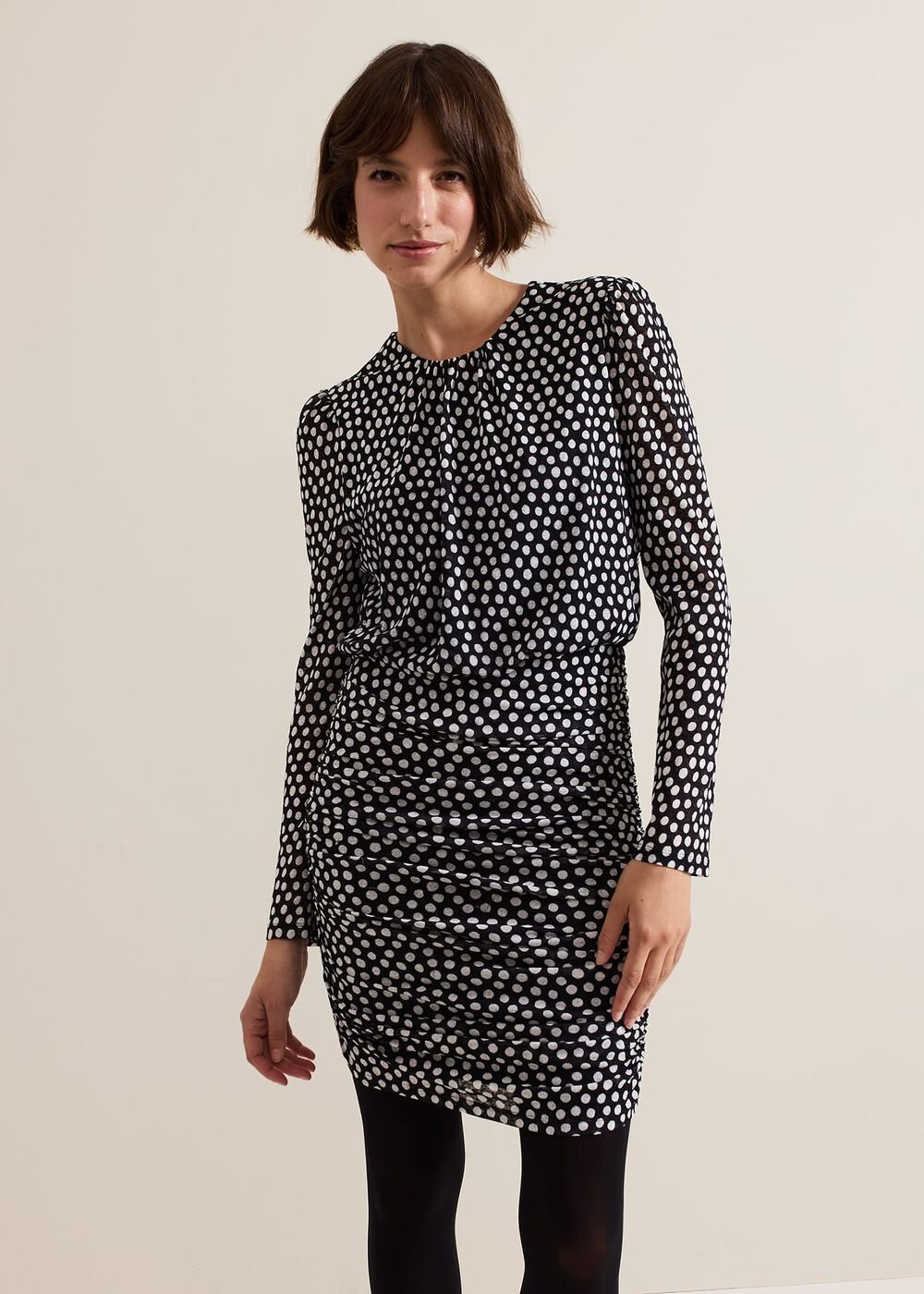 Teodroa Spot Mini Ruched Dress - Black