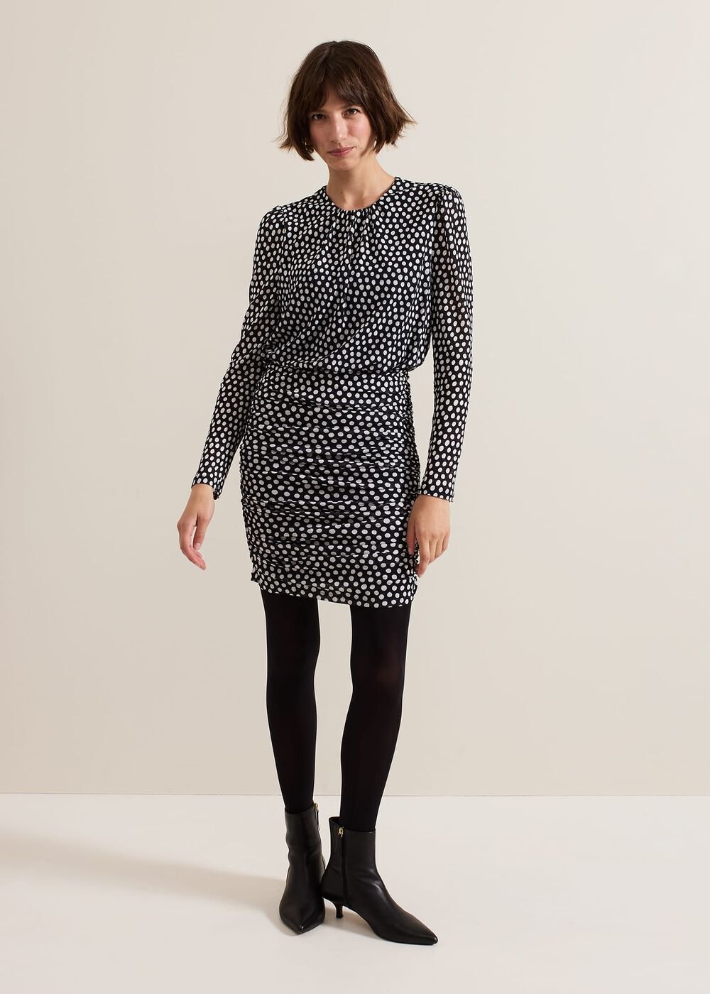 Teodroa Spot Mini Ruched Dress - Black
