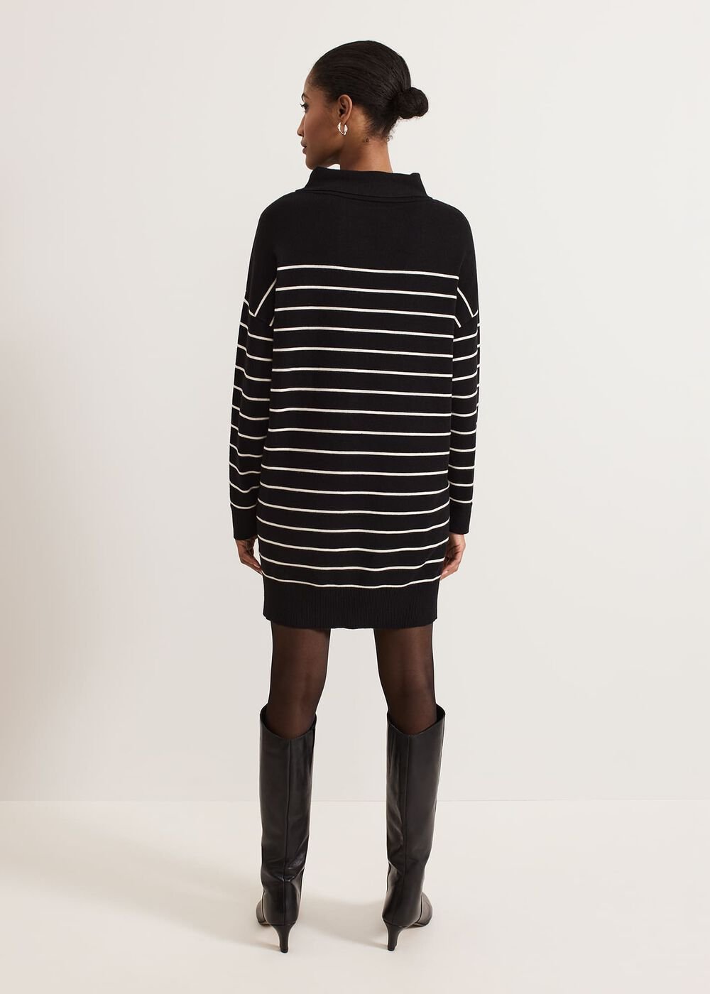 Skylar Stripe Funnel Neck Jumper Dress - Black/Ivory