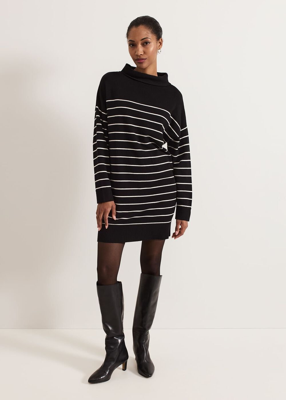 Skylar Stripe Funnel Neck Jumper Dress - Black/Ivory