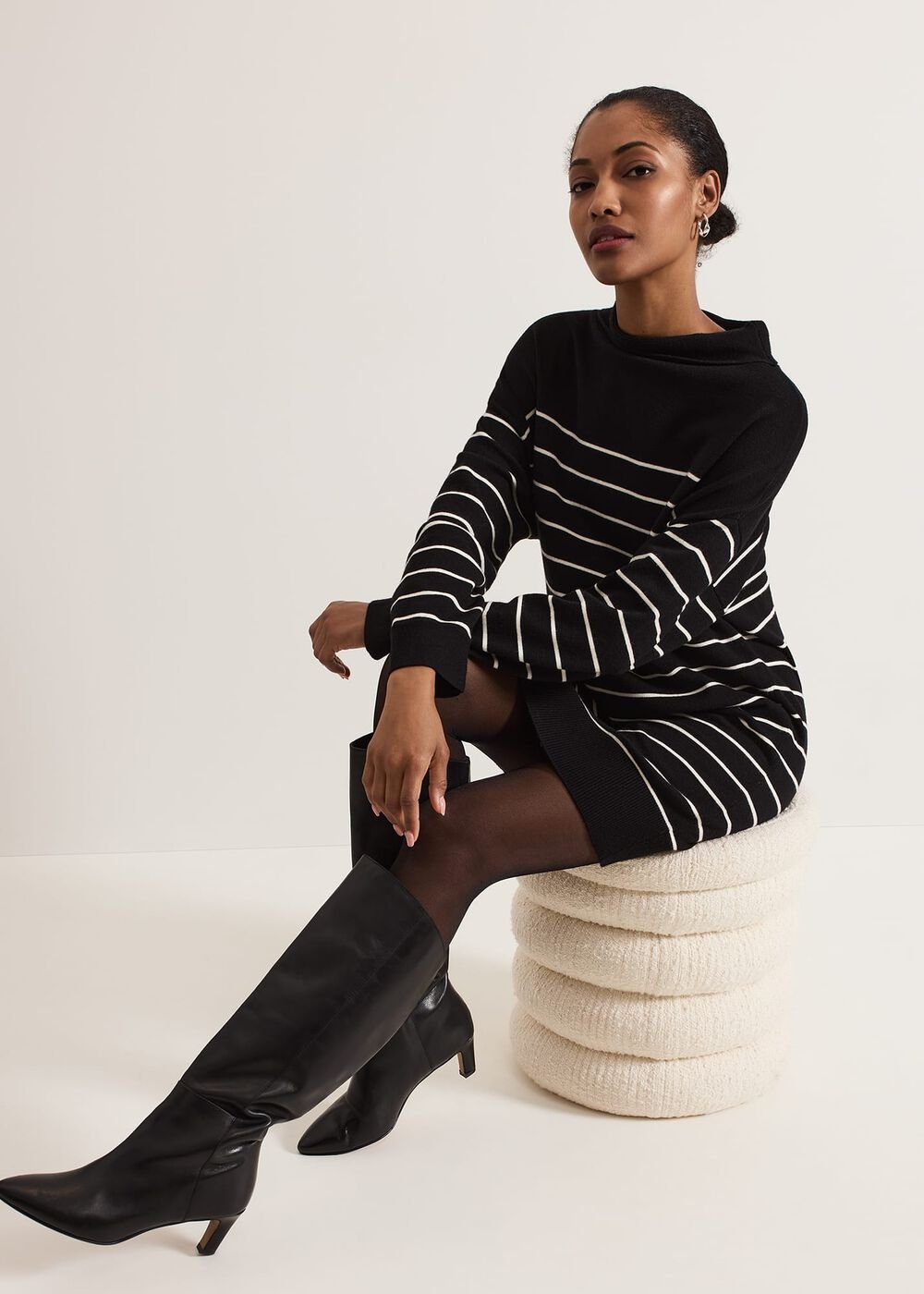 Skylar Stripe Funnel Neck Jumper Dress - Black/Ivory