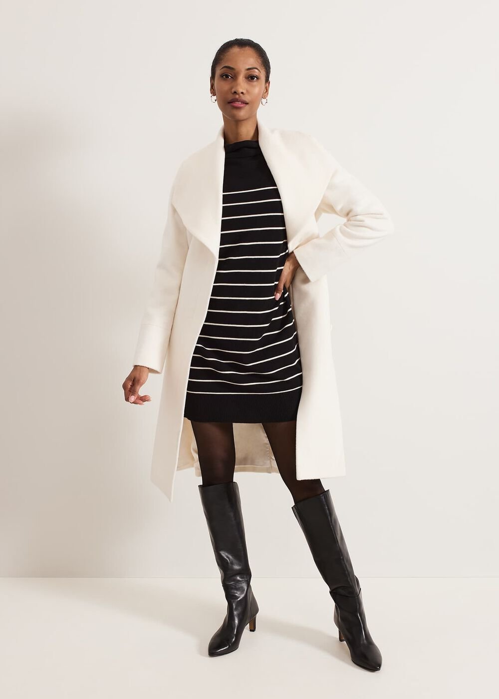 Skylar Stripe Funnel Neck Jumper Dress - Black/Ivory