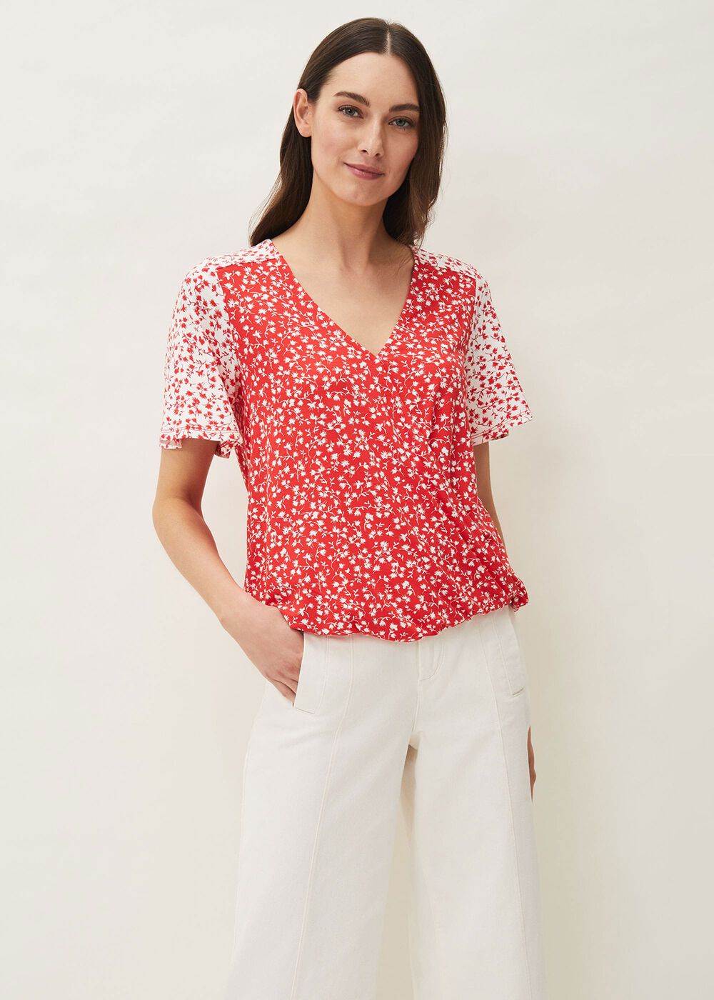 Ebony Ditsy Floral Wrap Top - Red/Ivory