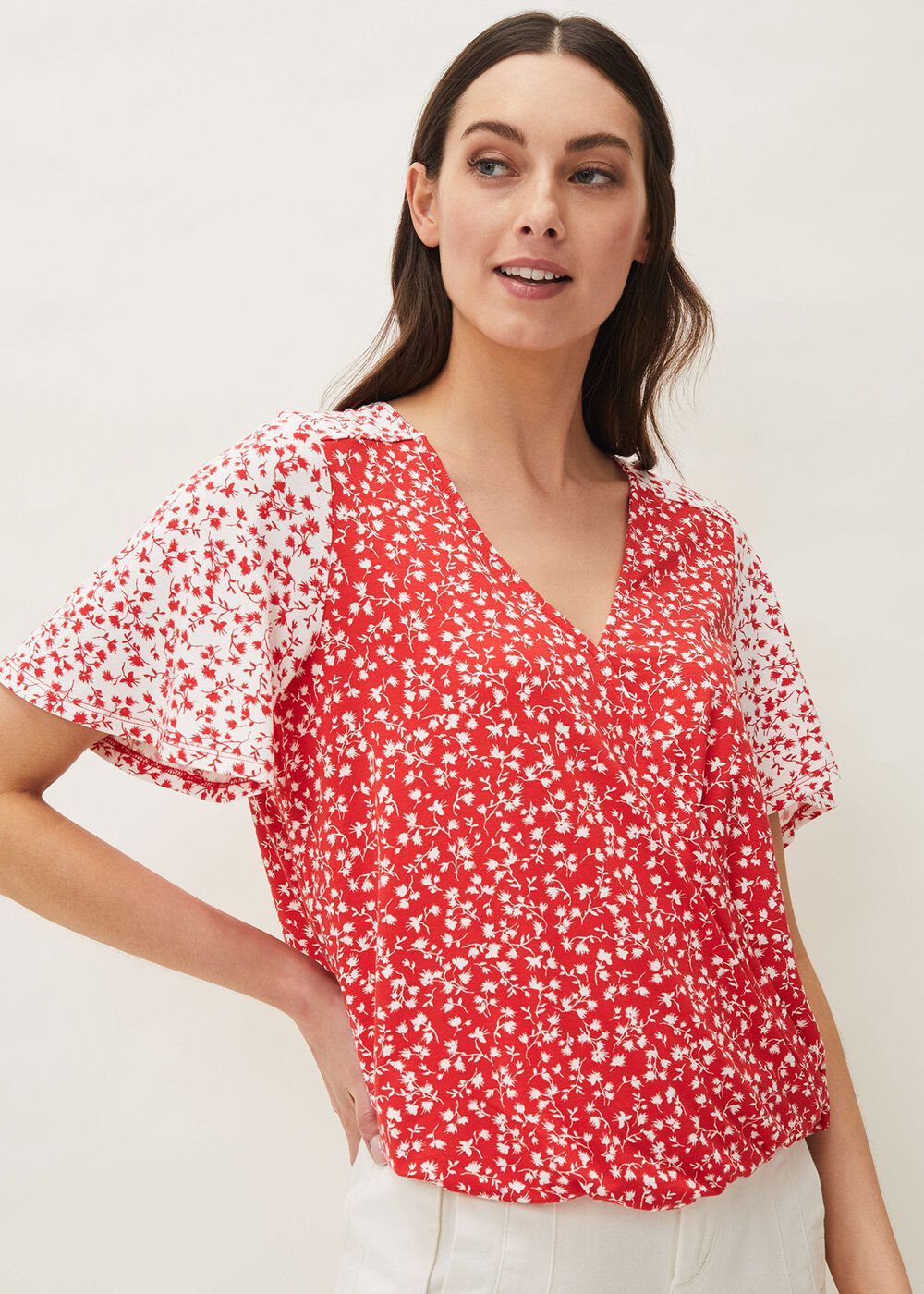 Ebony Ditsy Floral Wrap Top - Red/Ivory