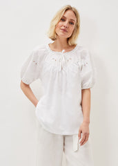 Floella Embroidered Sleeve Jersey Top - White