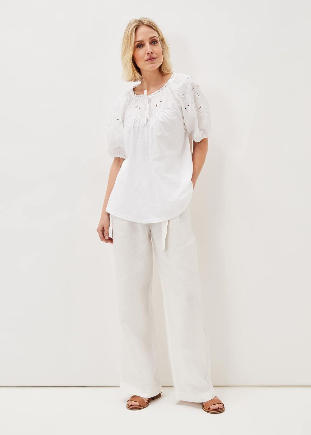 Floella Embroidered Sleeve Jersey Top - White