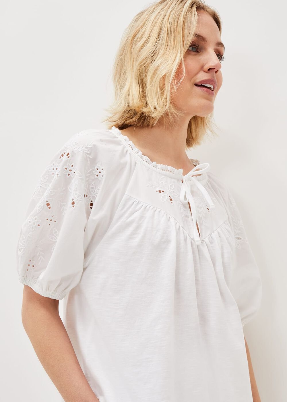 Floella Embroidered Sleeve Jersey Top - White