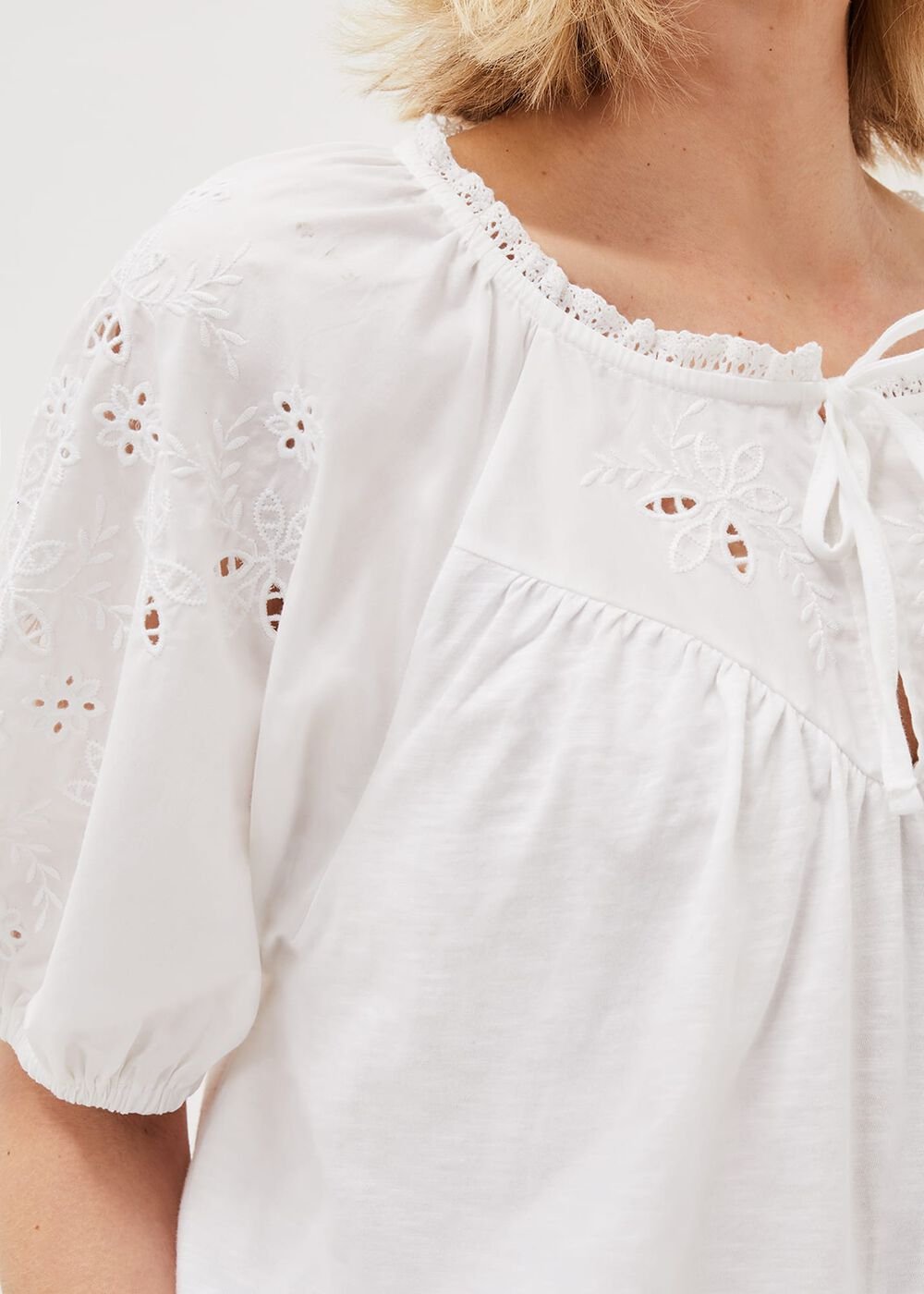 Floella Embroidered Sleeve Jersey Top - White