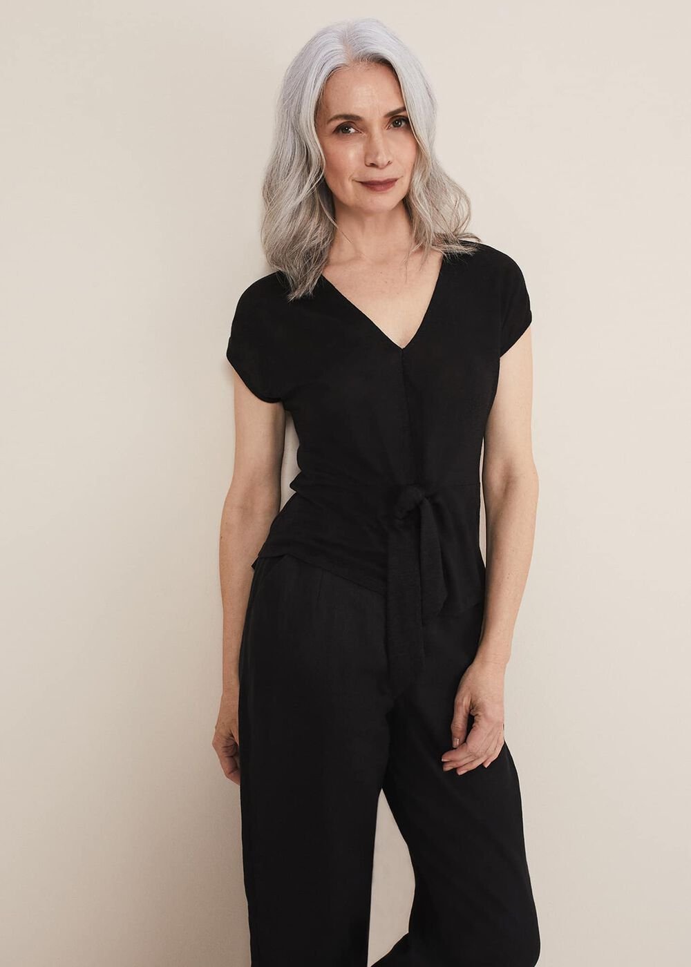 Reyna Linen Tie Front Top - Black