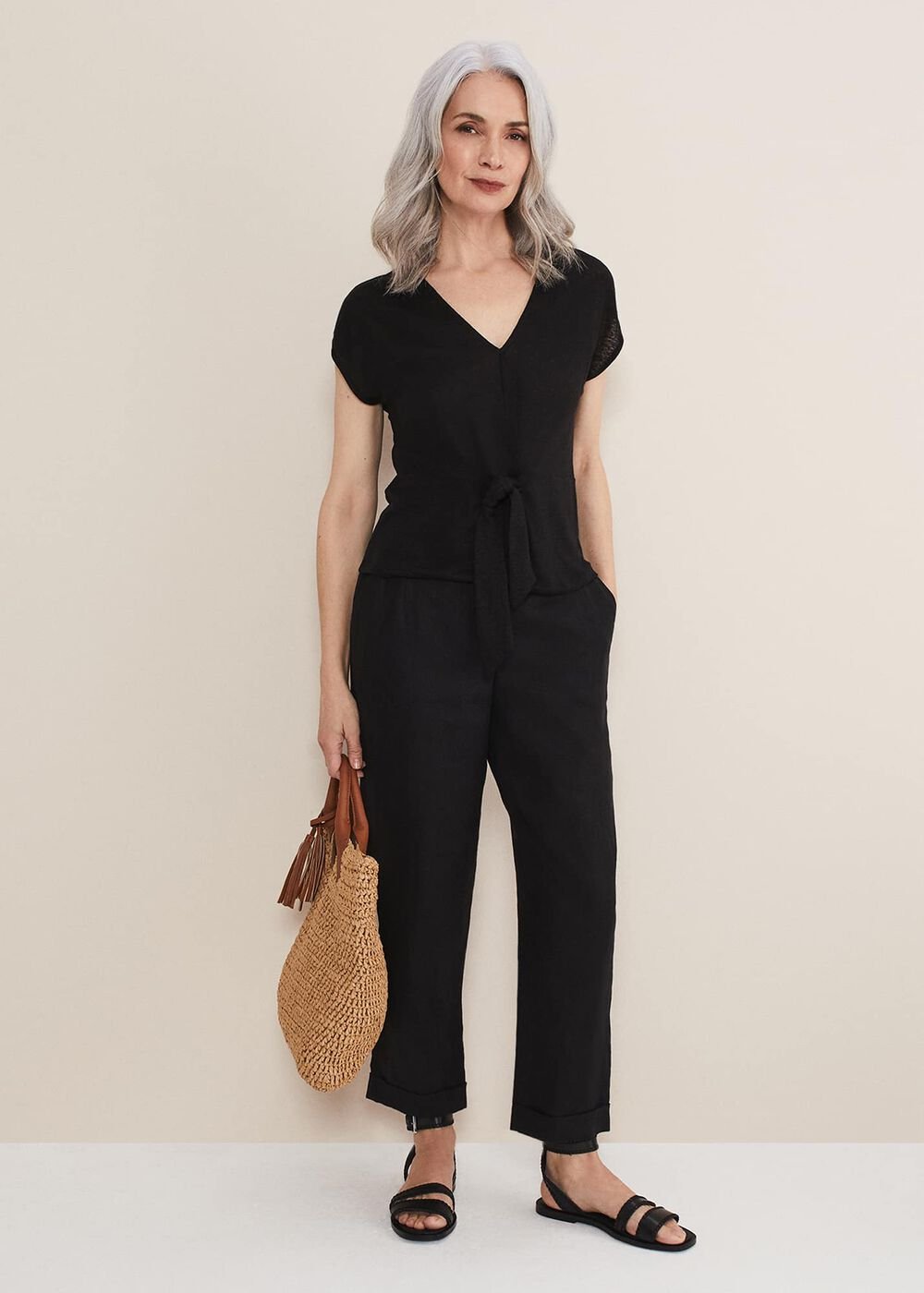 Reyna Linen Tie Front Top - Black