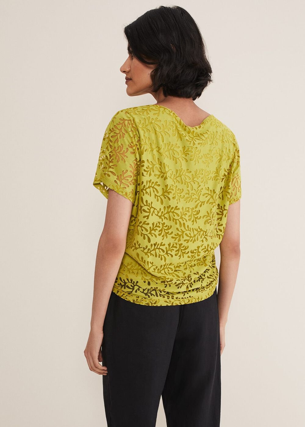 Kirstin Leaf Print Burnout Top - Olive
