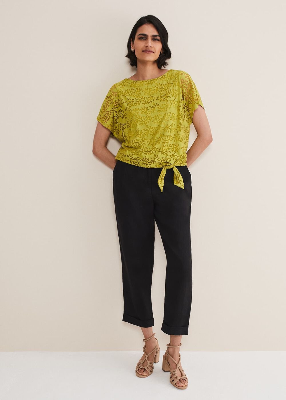 Kirstin Leaf Print Burnout Top - Olive