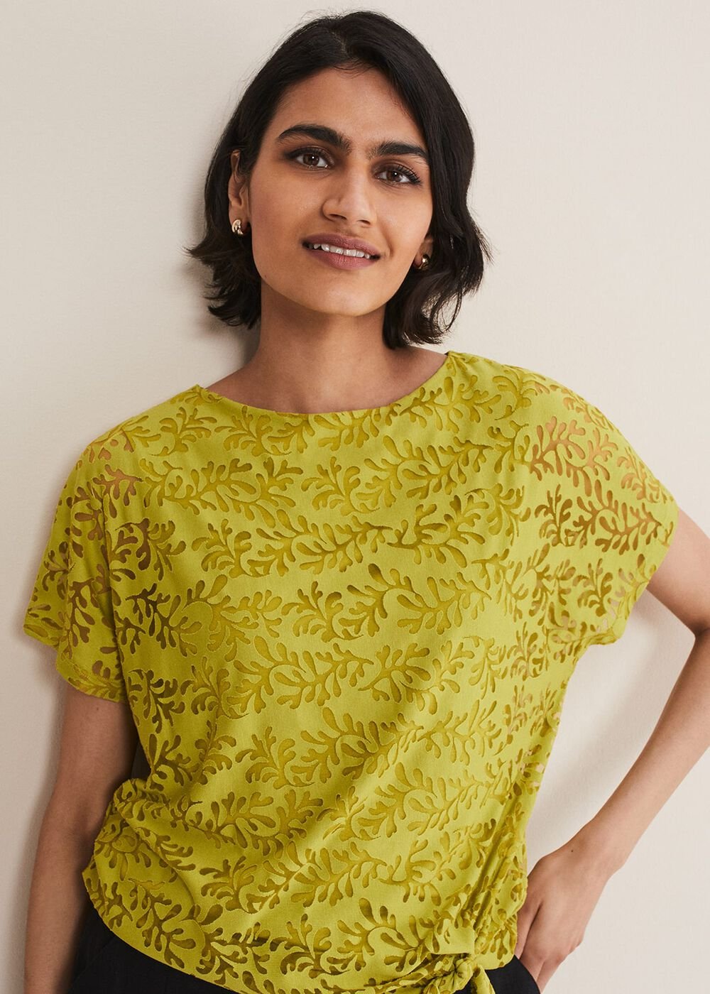 Kirstin Leaf Print Burnout Top - Olive