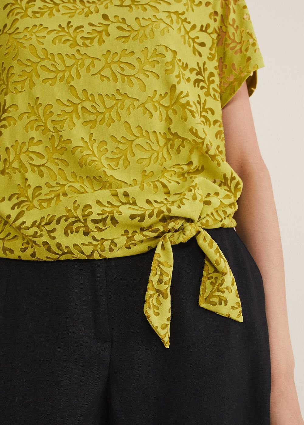 Kirstin Leaf Print Burnout Top - Olive