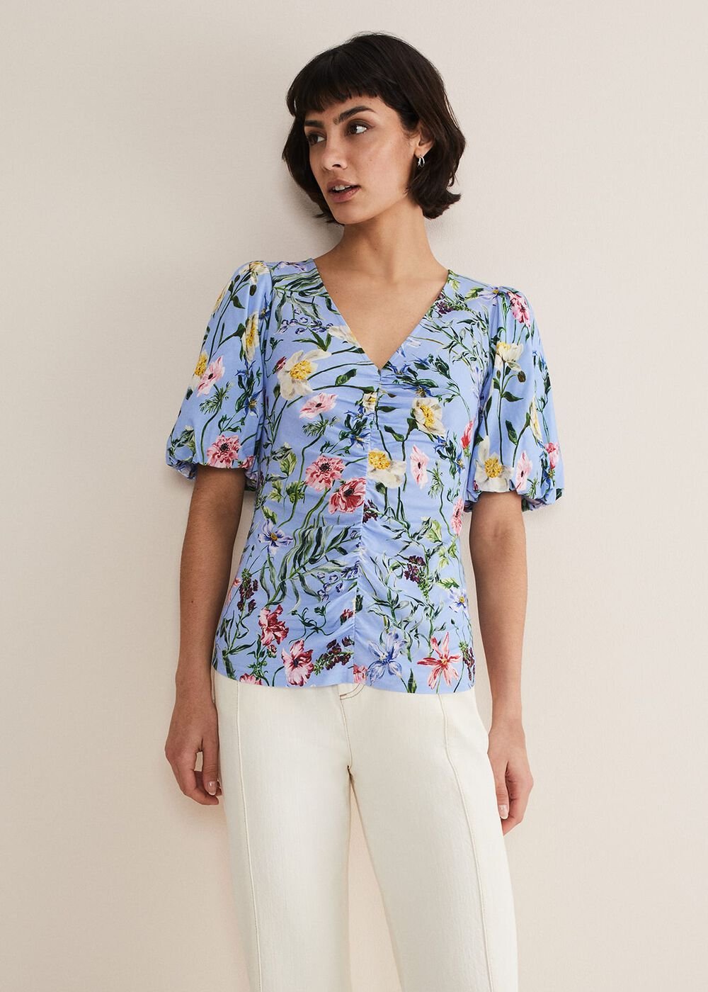 Donda Floral Ruched Top - Blue/Multi