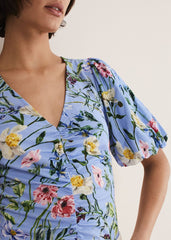 Donda Floral Ruched Top - Blue/Multi