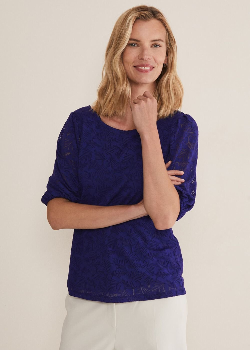 Jaeda Leaf Print Burnout Top - Purple