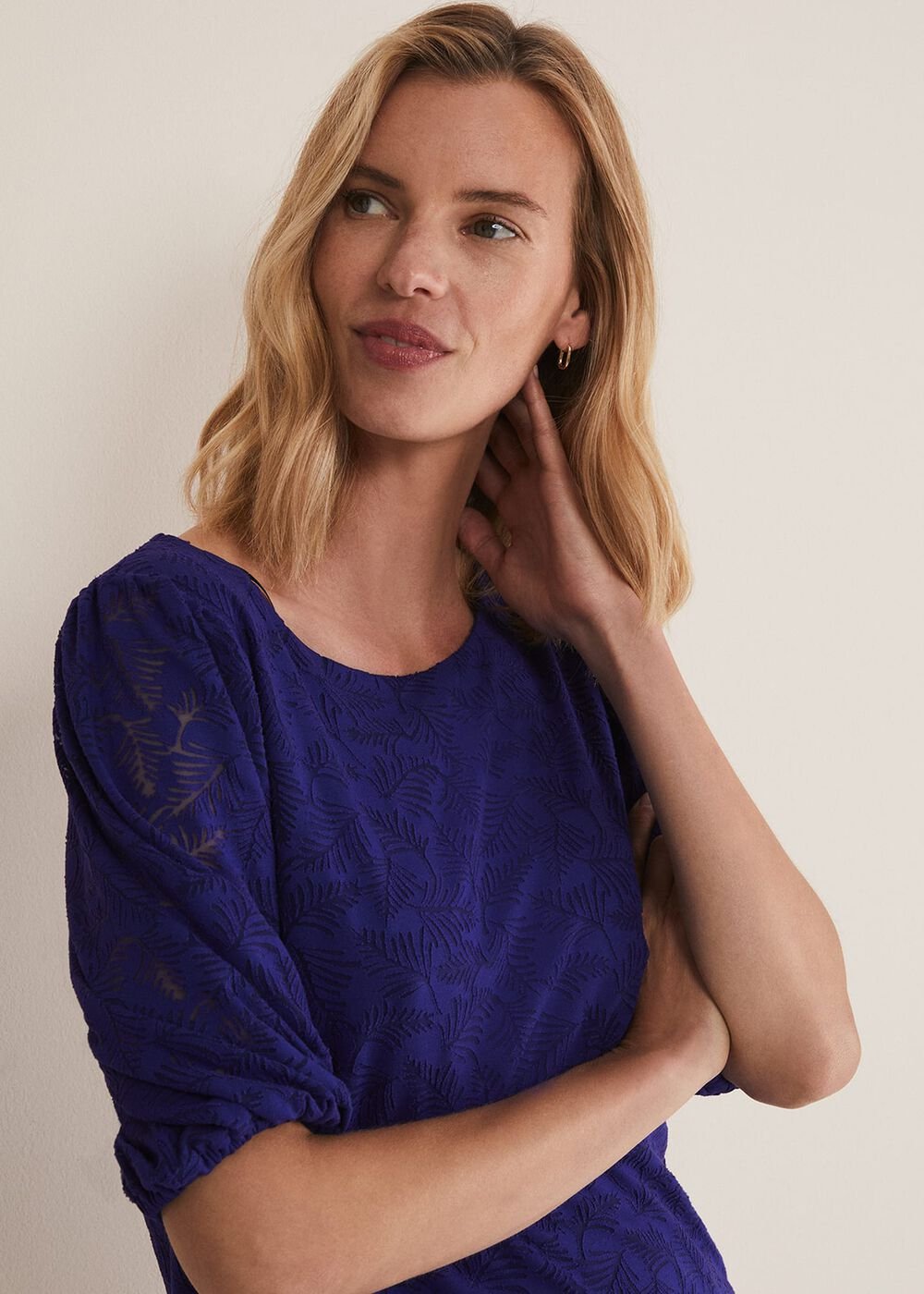 Jaeda Leaf Print Burnout Top - Purple