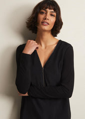 Black Tunic Top with V-Neck Zip Detail & Long Sleeves - Black