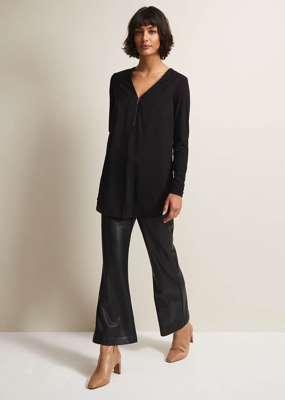 Black Tunic Top with V-Neck Zip Detail & Long Sleeves - Black