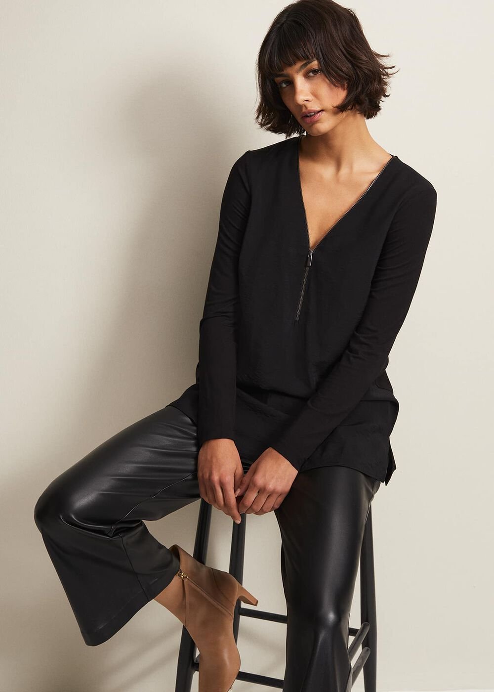 Black Tunic Top with V-Neck Zip Detail & Long Sleeves - Black
