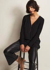 Black Tunic Top with V-Neck Zip Detail & Long Sleeves - Black