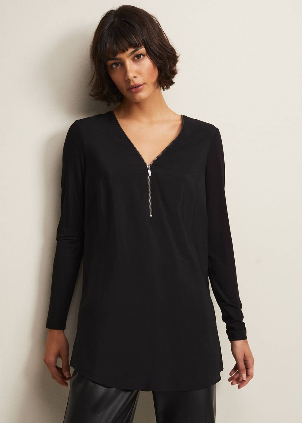 Black Tunic Top with V-Neck Zip Detail & Long Sleeves - Black