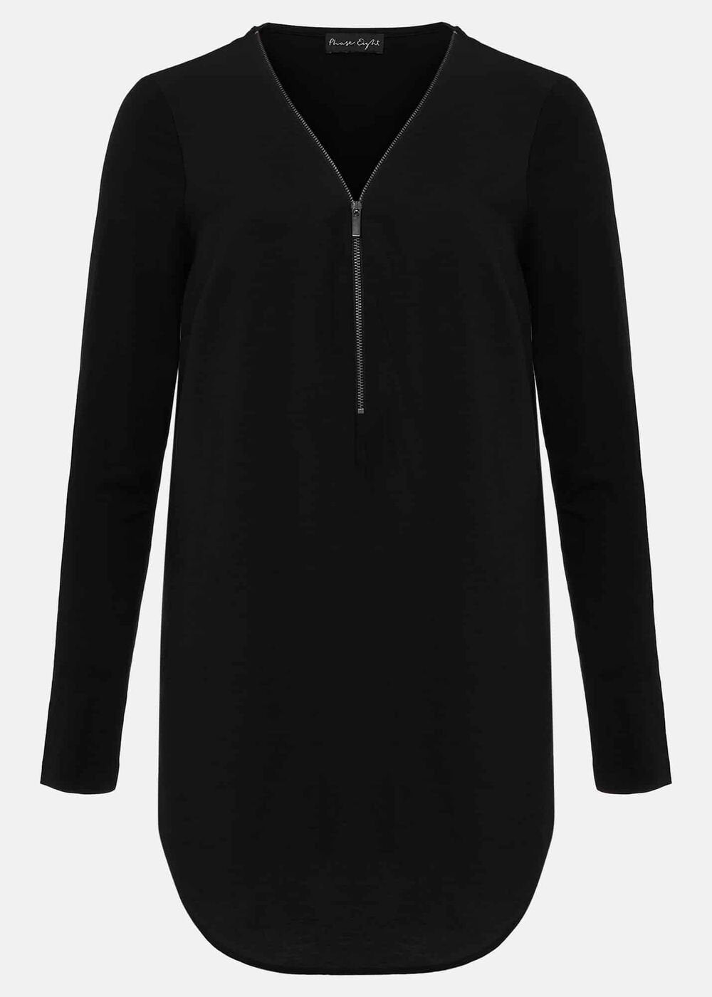 Black Tunic Top with V-Neck Zip Detail & Long Sleeves - Black