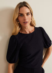 Adley Texture Bubble Sleeve Top - Navy