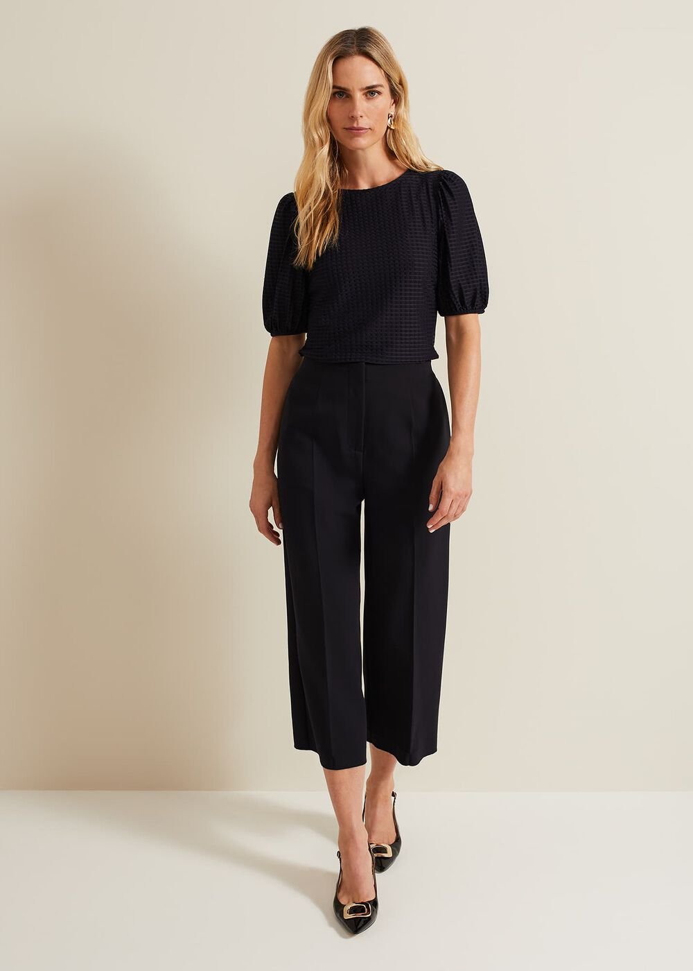 Adley Texture Bubble Sleeve Top - Navy