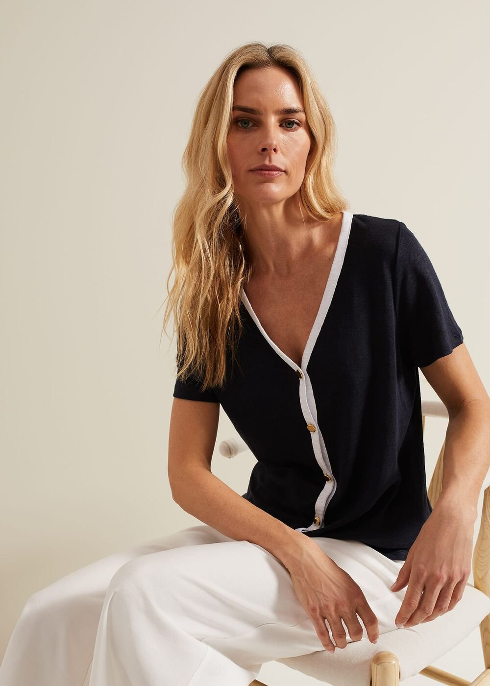 Dorothy Contrast Piping Linen Top - Navy/White