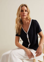 Dorothy Contrast Piping Linen Top - Navy/White