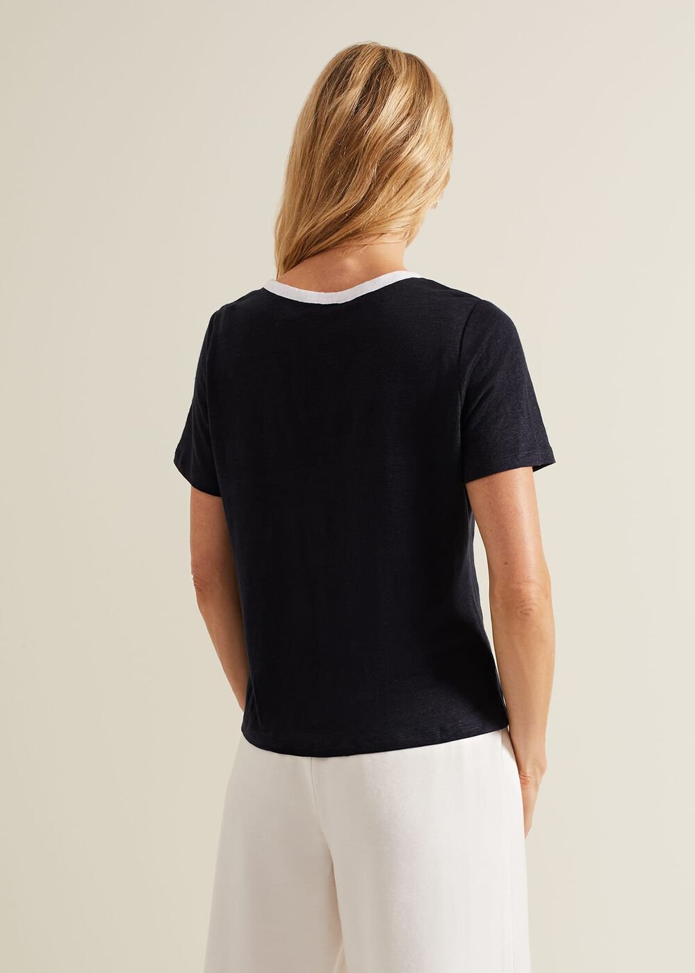 Dorothy Contrast Piping Linen Top - Navy/White