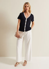 Dorothy Contrast Piping Linen Top - Navy/White