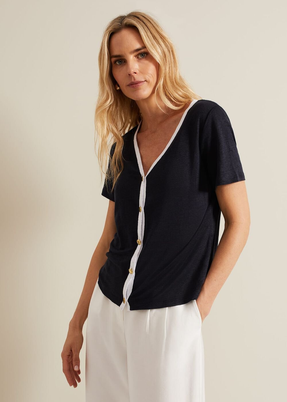 Dorothy Contrast Piping Linen Top - Navy/White
